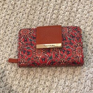 Tahari vegan leather orange printed boho floral wallet